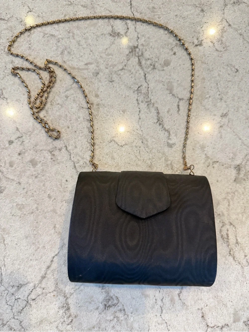 Vintage Black Satin Evening Clutch Purse Gold Chain Convertible Handbag